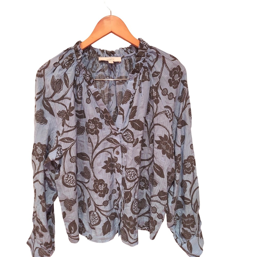 LOFT Womens Blue Black Crinkle Floral Ruffle Neck Button Front Blouse Large L